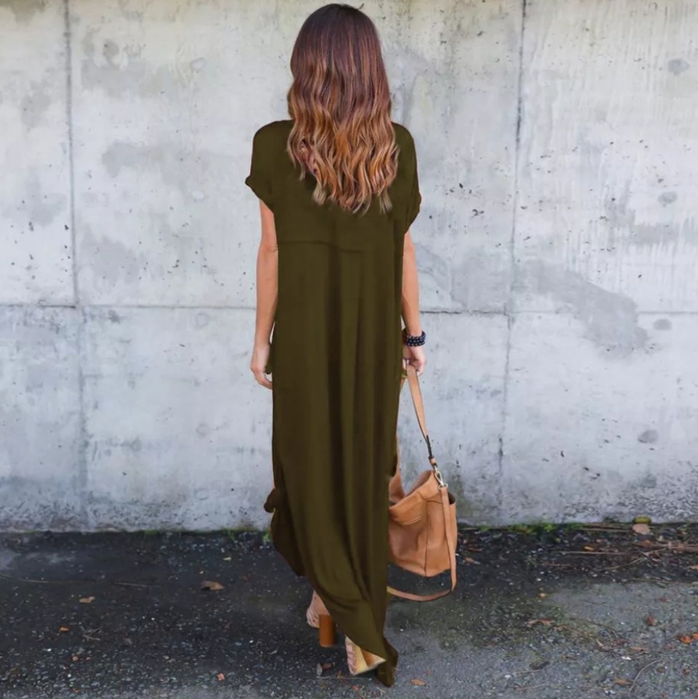 V-neck Short Sleeve Maxi Dress Side Pockets Slit - Picture 2 of 6